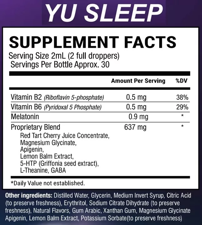 Yu Sleep supplement facts label showing serving size and ingredients
